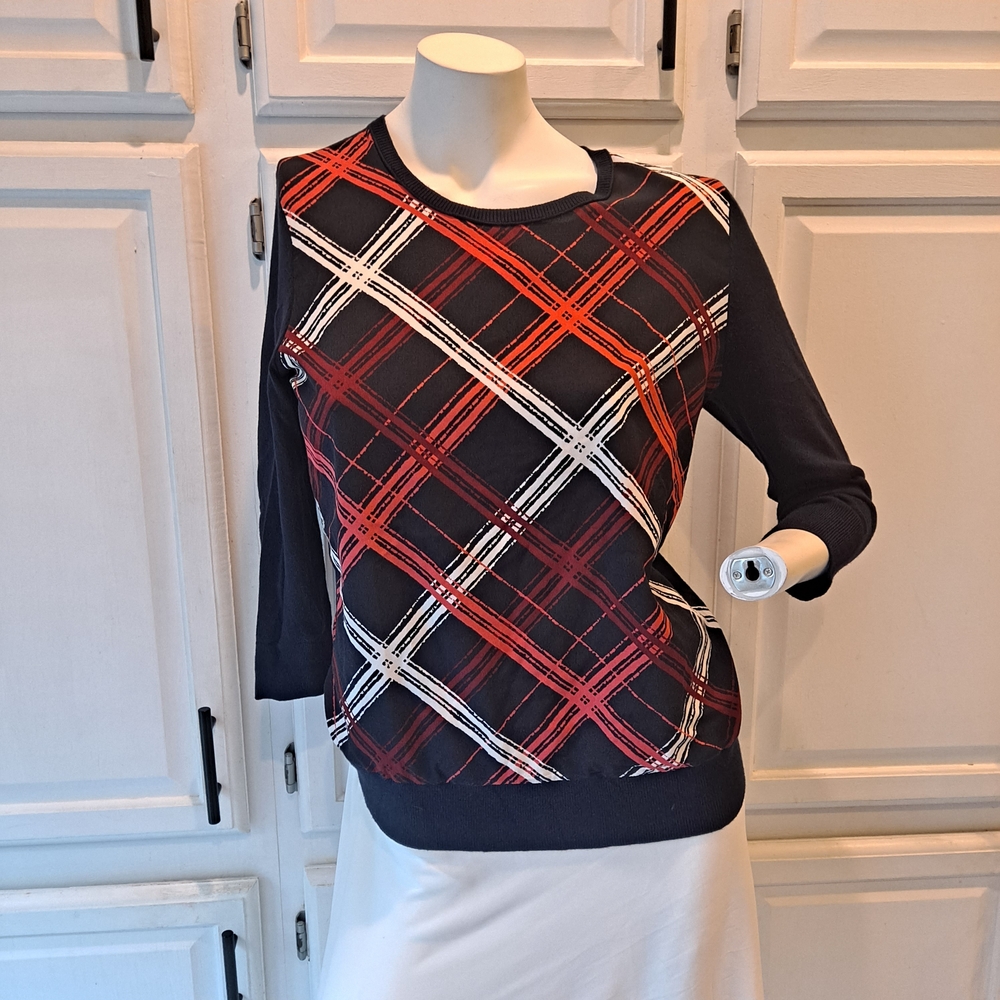 Ann Taylor Navy and Red Knit Lightweight Ultra Soft Sweater Blouse